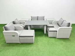 Rackhams 10 Pieces Outdoor PE Rattan Sofa Reclining Chair Set Patio Garden Furniture Sets with Cushions 2 Side Tables 3 Stools Light Grey