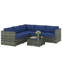 Rackhams 4 Pieces Rattan Garden Furniture Sofa Set with Coffee Table Blue - Rattan Garden Furniture Set - 4 - Steel, PE rattan, Polyester, Tempered glass - thumbnail 2