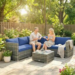 Rackhams 4 Pieces Rattan Garden Furniture Sofa Set with Coffee Table Blue - Rattan Garden Furniture Set - 4 - Steel, PE rattan, Polyester, Tempered glass