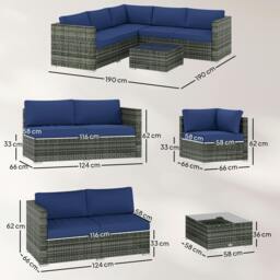 Rackhams 4 Pieces Rattan Garden Furniture Sofa Set with Coffee Table Blue - Rattan Garden Furniture Set - 4 - Steel, PE rattan, Polyester, Tempered glass - thumbnail 3