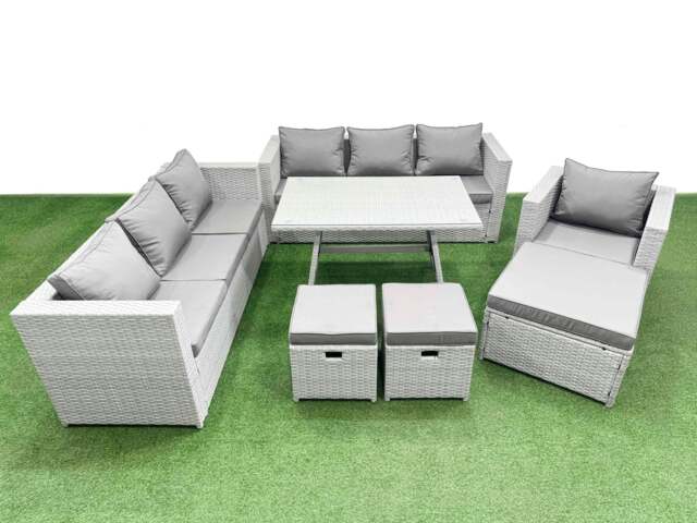 Rackhams Outdoor Rattan Garden Furniture Dining Set 10 seater Patio Rectangular Table 3 Seater Sofa Armchair Set with 3 Stools - image 1