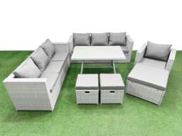Rackhams Outdoor Rattan Garden Furniture Dining Set 10 seater Patio Rectangular Table 3 Seater Sofa Armchair Set with 3 Stools - thumbnail 1