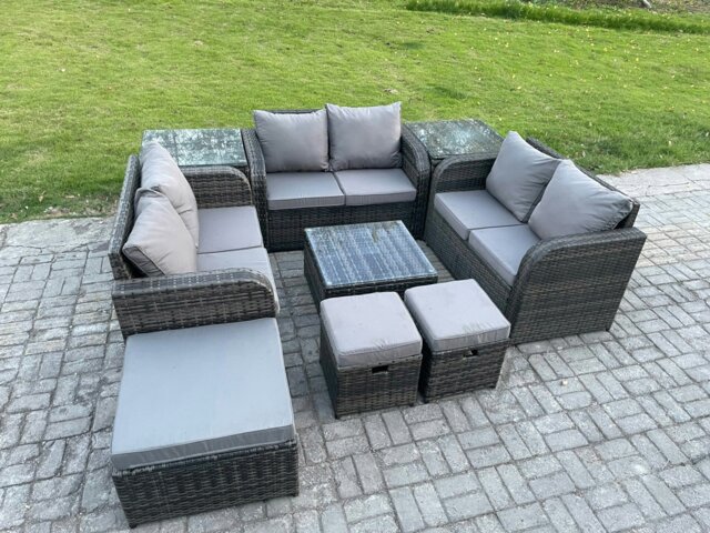 Rackhams 9 Seater Outdoor Garden Furniture Sets Wicker Rattan Furniture Sofa Sets with Square Coffee Table Love seat Sofa 3 Footstools 2 Side Tables - image 1