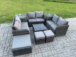 Rackhams 9 Seater Outdoor Garden Furniture Sets Wicker Rattan Furniture Sofa Sets with Square Coffee Table Love seat Sofa 3 Footstools 2 Side Tables