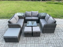 Rackhams 9 Seater Outdoor Garden Furniture Sets Wicker Rattan Furniture Sofa Sets with Square Coffee Table Love seat Sofa 3 Footstools 2 Side Tables - thumbnail 2