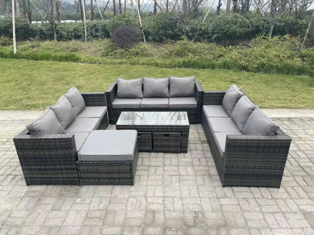 Rackhams Outdoor Rattan Garden Furniture Lounge Sofa Set With Oblong Rectagular Coffee Table Big Footstool and 2 Small Stools - image 1