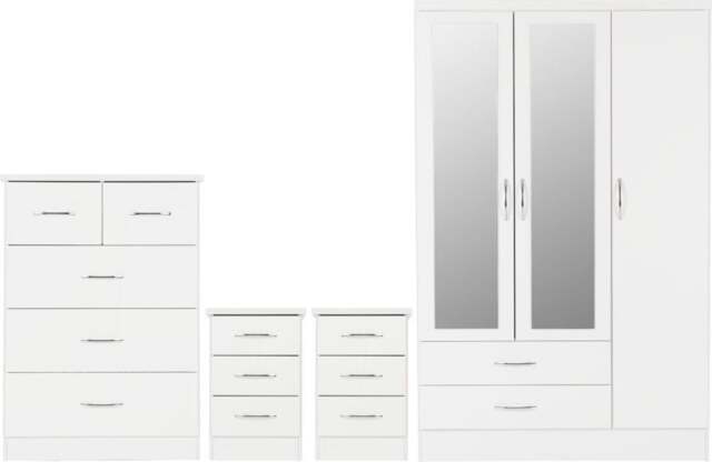 Rackhams Nevada 3 Door Wardrobe 4 Piece Bedroom Set - White Gloss - image 1