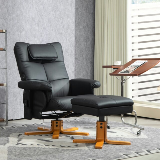 Rackhams Massage Recliner Chair with Footstool Hidden Storage - Black - PU Leather, Wood - image 1