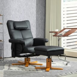 Rackhams Massage Recliner Chair with Footstool Hidden Storage - Black - PU Leather, Wood