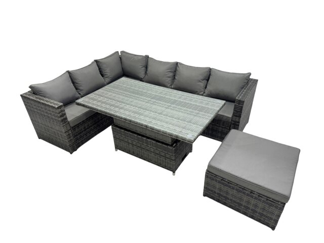 Rackhams 7 seater Height Adjustable Rising Lifting Table Corner Sofa Set Rattan Garden Furniture Dining Set with Big Stool Dark Grey Mixed - image 1