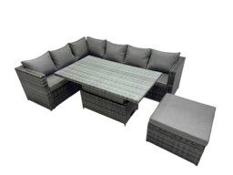 Rackhams 7 seater Height Adjustable Rising Lifting Table Corner Sofa Set Rattan Garden Furniture Dining Set with Big Stool Dark Grey Mixed - thumbnail 1