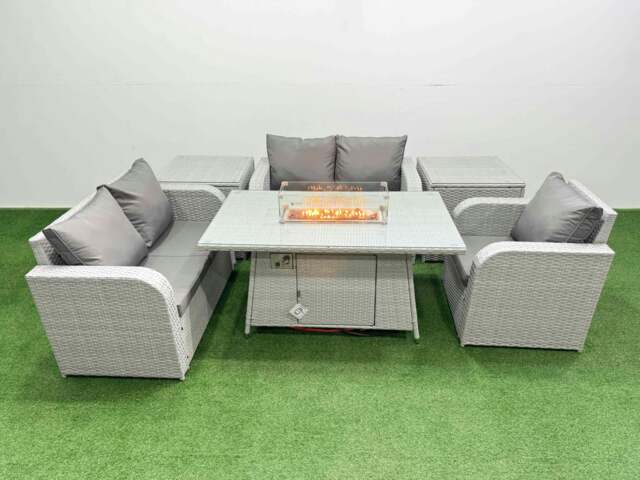 Rackhams High Back Rattan Garden Furniture Set with Reclining Chair Loveseat Sofa Fire Pit Dining Table Indoor Outdoor Patio Set 2 Side Table Light Grey - image 1