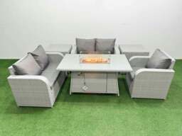 Rackhams High Back Rattan Garden Furniture Set with Reclining Chair Loveseat Sofa Fire Pit Dining Table Indoor Outdoor Patio Set 2 Side Table Light Grey - thumbnail 1
