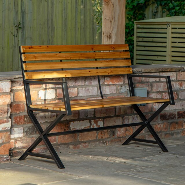 Rackhams Kendal 2 Person Outdoor Modern Cross Design Metal Wooden Garden Patio Bench - image 1