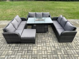 Rackhams Rattan Furniture Garden Dining Set Gas Fire Pit Table With 3 Seater Sofa Footstool Dark Grey Mixed - thumbnail 2