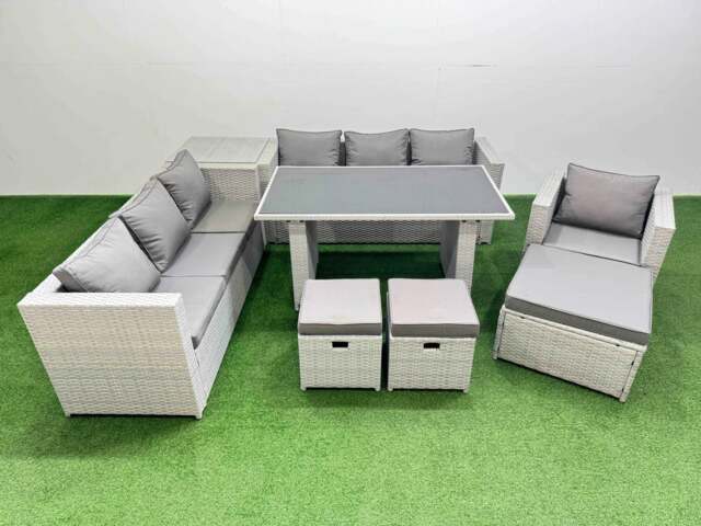 Rackhams Patio Garden Furniture Sets with Black Glass Top Dining Table 3 Seater Sofa Armchair Side Table 3 Stool Light Grey - image 1