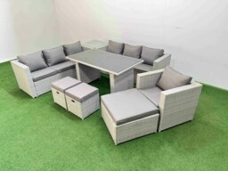 Rackhams Patio Garden Furniture Sets with Black Glass Top Dining Table 3 Seater Sofa Armchair Side Table 3 Stool Light Grey - thumbnail 2