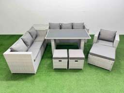 Rackhams Patio Garden Furniture Sets with Black Glass Top Dining Table 3 Seater Sofa Armchair Side Table 3 Stool Light Grey - thumbnail 1