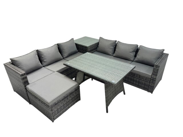 Rackhams Outdoor Corner Sofa Dining Table Set Garden Rattan Furniture Set 7 Seater with Side Table Big Stool Dark Grey - image 1