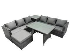 Rackhams Outdoor Corner Sofa Dining Table Set Garden Rattan Furniture Set 7 Seater with Side Table Big Stool Dark Grey - thumbnail 1