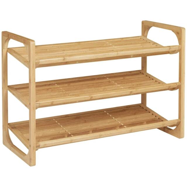 Rackhams 3-Tier Shoe Rack, Bamboo Shoe Storage Organizer with Slatted Shelves, Free Standing Shoe Shelf Stand for 9 Pairs of Shoes, Natural - image 1