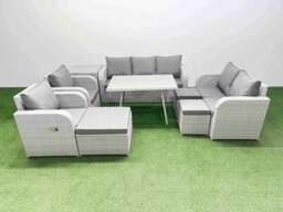 Rackhams PE Rattan Garden Furniture Set Outdoor Rectangular Dining Table Sofa Set with Reclining Chair 3 Stool Side Table Light Grey - thumbnail 1