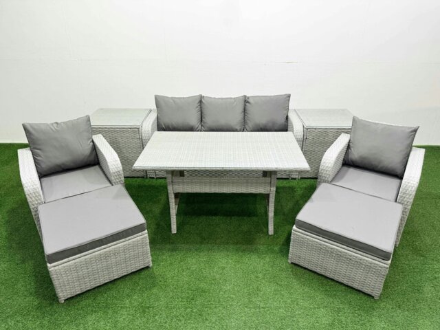 Rackhams PE Rattan Garden Furniture Set Reclining Chair Sofa Lounge Sofa Set Rectangular Dining Table 2 Side Table 2 Big Footstool Light Grey - image 1
