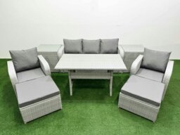 Rackhams PE Rattan Garden Furniture Set Reclining Chair Sofa Lounge Sofa Set Rectangular Dining Table 2 Side Table 2 Big Footstool Light Grey - thumbnail 1