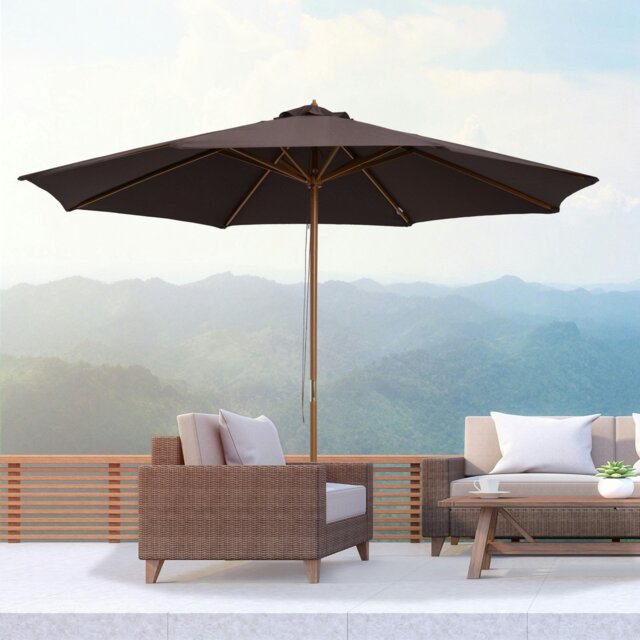 Rackhams 3m Wooden Garden Parasol Sun Shade Outdoor Umbrella Canopy - Coffee - Brown - 300cm x 300cm x 250cm - image 1