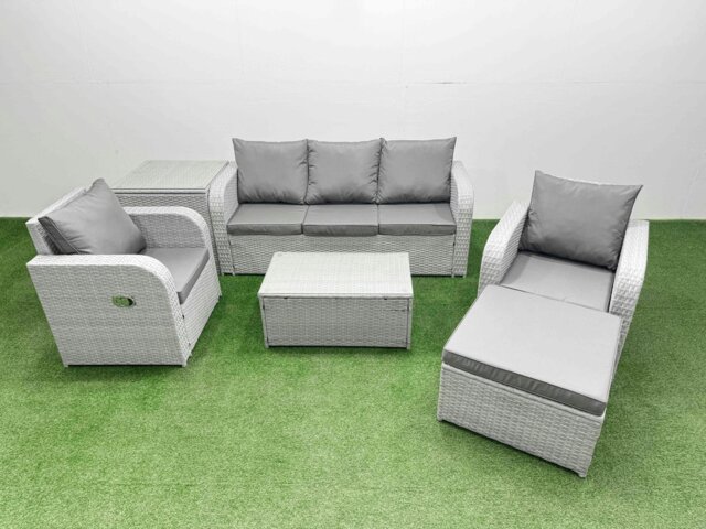 Rackhams PE Rattan Garden Furniture Set Reclining Chair Sofa Lounge Sofa Set Oblong Coffee Table Side Table Big Footstool Light Grey - image 1