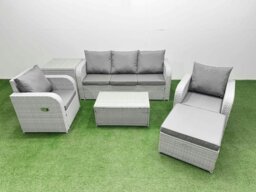 Rackhams PE Rattan Garden Furniture Set Reclining Chair Sofa Lounge Sofa Set Oblong Coffee Table Side Table Big Footstool Light Grey - thumbnail 1