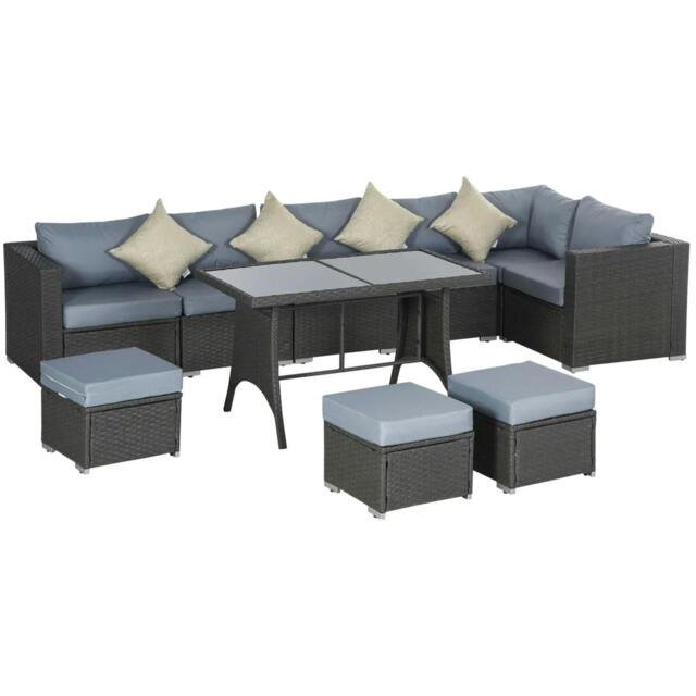 Rackhams 9-Seater Garden Rattan Furniture 10 Pcs Rattan Corner Dining Sofa Set, Grey/Dusty Blue Cushion - Grey - image 1