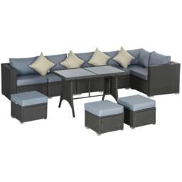 Rackhams 9-Seater Garden Rattan Furniture 10 Pcs Rattan Corner Dining Sofa Set, Grey/Dusty Blue Cushion - Grey - thumbnail 1