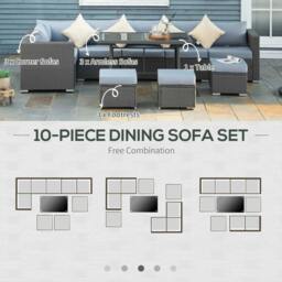 Rackhams 9-Seater Garden Rattan Furniture 10 Pcs Rattan Corner Dining Sofa Set, Grey/Dusty Blue Cushion - Grey - thumbnail 5