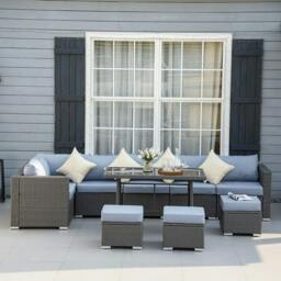 Rackhams 9-Seater Garden Rattan Furniture 10 Pcs Rattan Corner Dining Sofa Set, Grey/Dusty Blue Cushion - Grey - thumbnail 2
