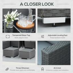 Rackhams 9-Seater Garden Rattan Furniture 10 Pcs Rattan Corner Dining Sofa Set, Grey/Dusty Blue Cushion - Grey - thumbnail 6
