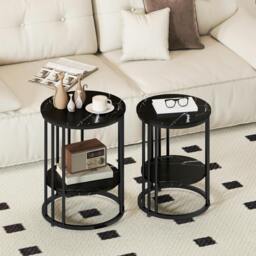 Rackhams Marble-Effect Round Coffee Table Set of 2 for Living Room, Black - Large: 45cm, Small: 40cm - Steel, MDF - Coffee Table Set - thumbnail 1