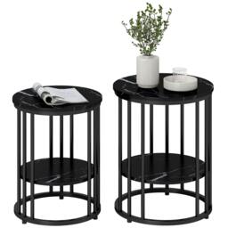 Rackhams Marble-Effect Round Coffee Table Set of 2 for Living Room, Black - Large: 45cm, Small: 40cm - Steel, MDF - Coffee Table Set - thumbnail 2