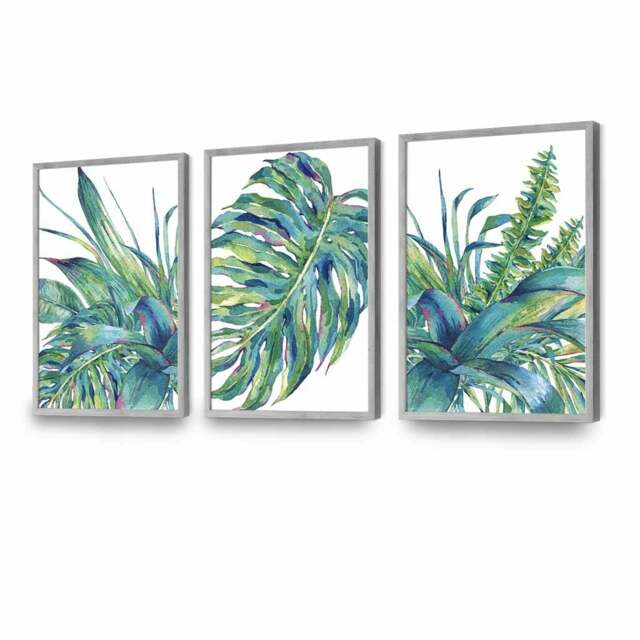 Rackhams Set of 3 Watercolour Green Blue Tropical Leaves Wall Art Framed Prints - 50x70cm - Light Grey - image 1