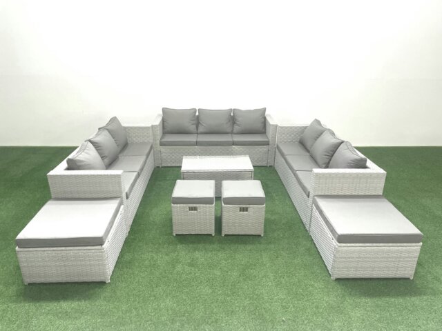 Rackhams 8 Pieces Rattan Garden Furniture Set Outdoor Garden Sofa Coffee Table Set with 4 Footstools Light Grey Mixed - image 1