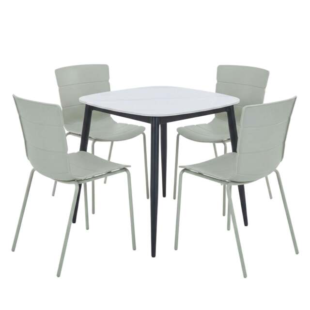 Rackhams Aspen Dining Set - White Sintered Stone Square Table & 4 Bali Dining Chairs - Green