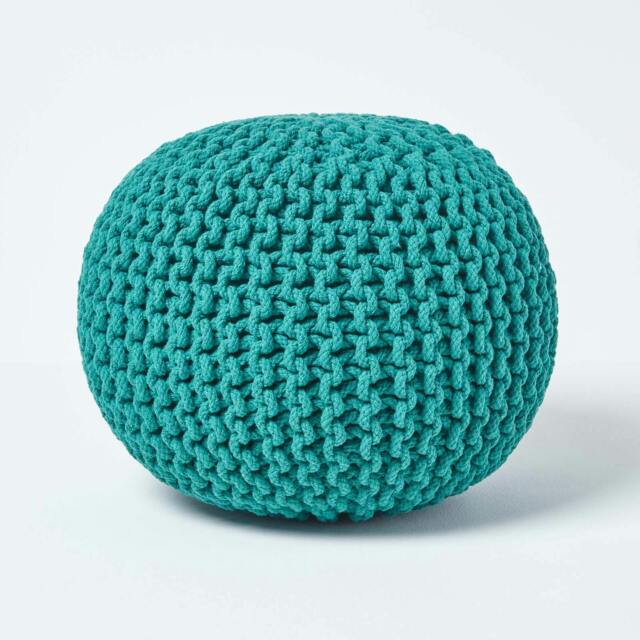 Rackhams Round Cotton Knitted Pouffe Footstool Bean Filled Hand Knitted - Teal Green - image 1