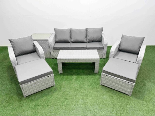 Rackhams PE Rattan Garden Furniture Set Reclining Chair Sofa Lounge Sofa Set Rectangular Coffee Table Side Table 2 Big Footstool Light Grey - image 1
