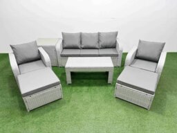Rackhams PE Rattan Garden Furniture Set Reclining Chair Sofa Lounge Sofa Set Rectangular Coffee Table Side Table 2 Big Footstool Light Grey - thumbnail 1