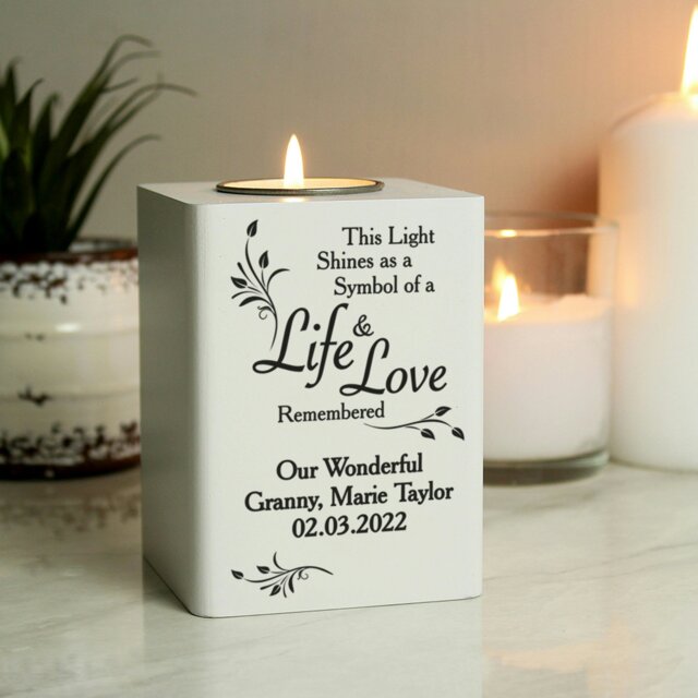 Rackhams Personalised Life & Love White Wooden Tea Light Holder - image 1