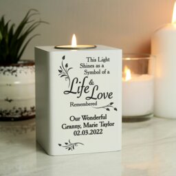 Rackhams Personalised Life & Love White Wooden Tea Light Holder - thumbnail 1