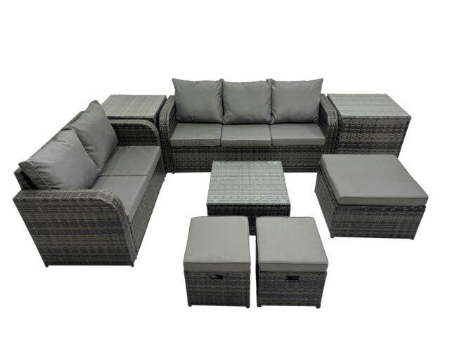 Rackhams Wicker PE Rattan Garden Outdoor Furniture Set Love Sofa Square Coffee Table Set with 3 Stools 2 Side Tables Dark Grey Mixed - image 1