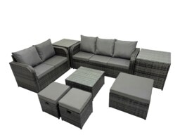 Rackhams Wicker PE Rattan Garden Outdoor Furniture Set Love Sofa Square Coffee Table Set with 3 Stools 2 Side Tables Dark Grey Mixed - thumbnail 2