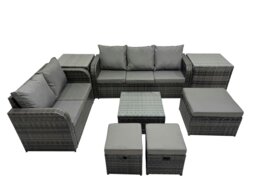 Rackhams Wicker PE Rattan Garden Outdoor Furniture Set Love Sofa Square Coffee Table Set with 3 Stools 2 Side Tables Dark Grey Mixed - thumbnail 1