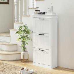 Rackhams Slim Shoe Storage Cabinet with 3 Flip Drawers for Entryway, White - thumbnail 1
